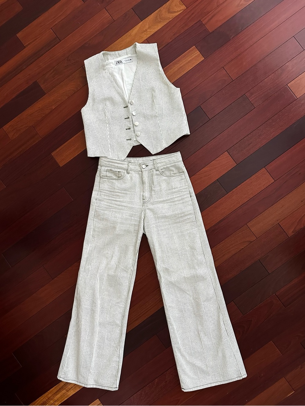 Zara green/Cream Pinstripe Vest & Wide-Leg Pants Set
